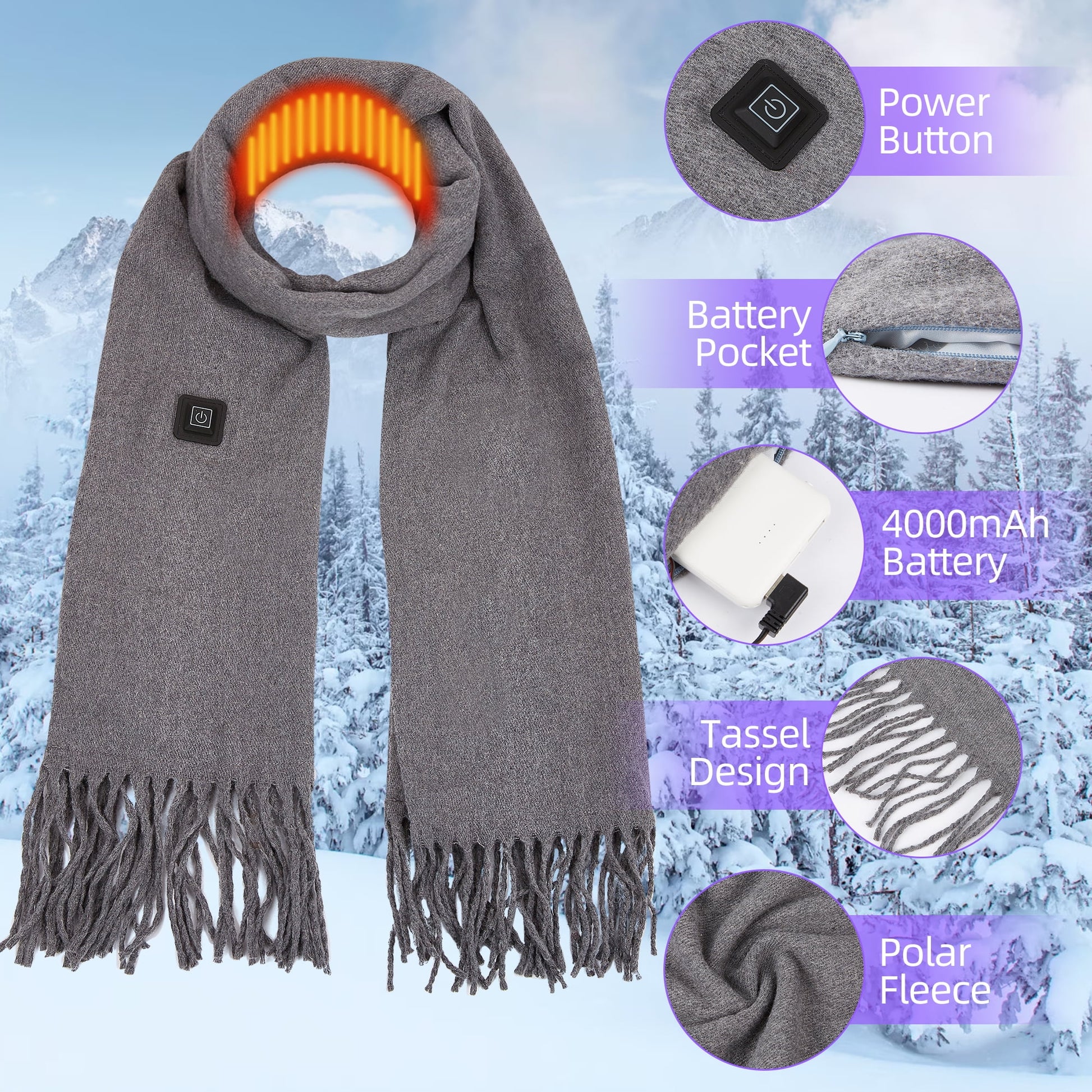 Heated Scarf for Women Men, USB Heating Scarf Long Shawl Warm Winter Electric Heated Neck Warmer Neck Heating Pad Scarves Cape,Gray